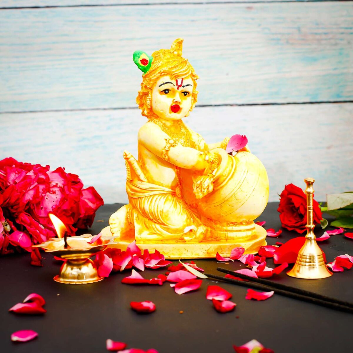 "Lord Krishna Makhan Chor Idol Sculpture | Handcrafted Resin Showpiece for Worship & Home Decor"