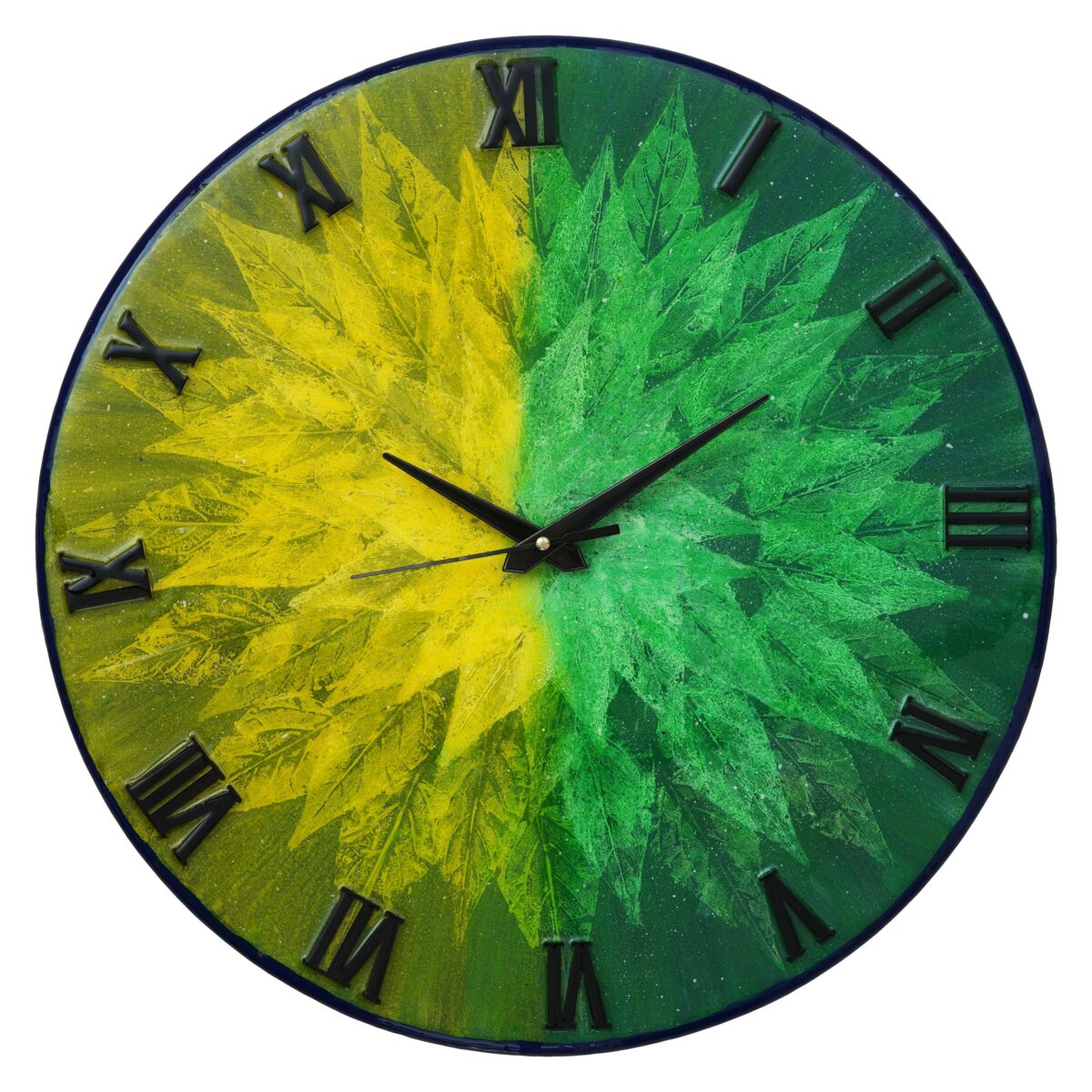 "Exquisite Wooden Handmade Wall Clock with Green, Yellow & Gold Acrylic Prints | 16 Inch Big Size Clock"