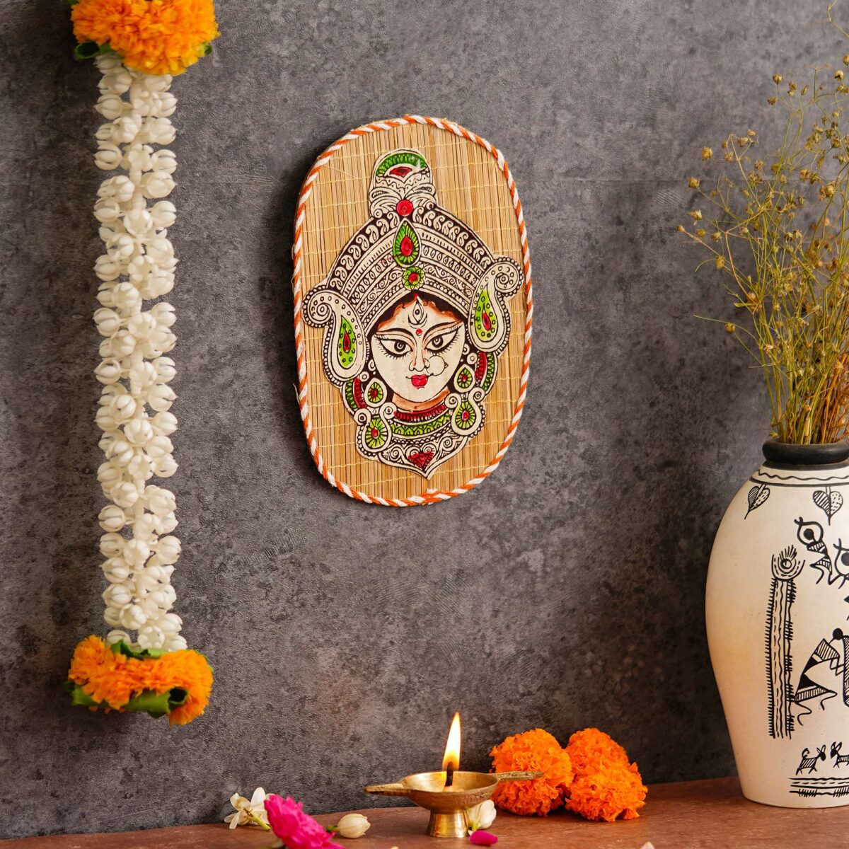 "Oval Shaped Bamboo Wall Hanging of Durga Ji for Home Decor"