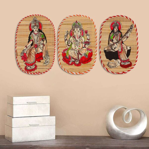 "Bamboo Wall Hanging of Ganesh Ji, Laxmi Ji, and Saraswati Ji for Home Decor"