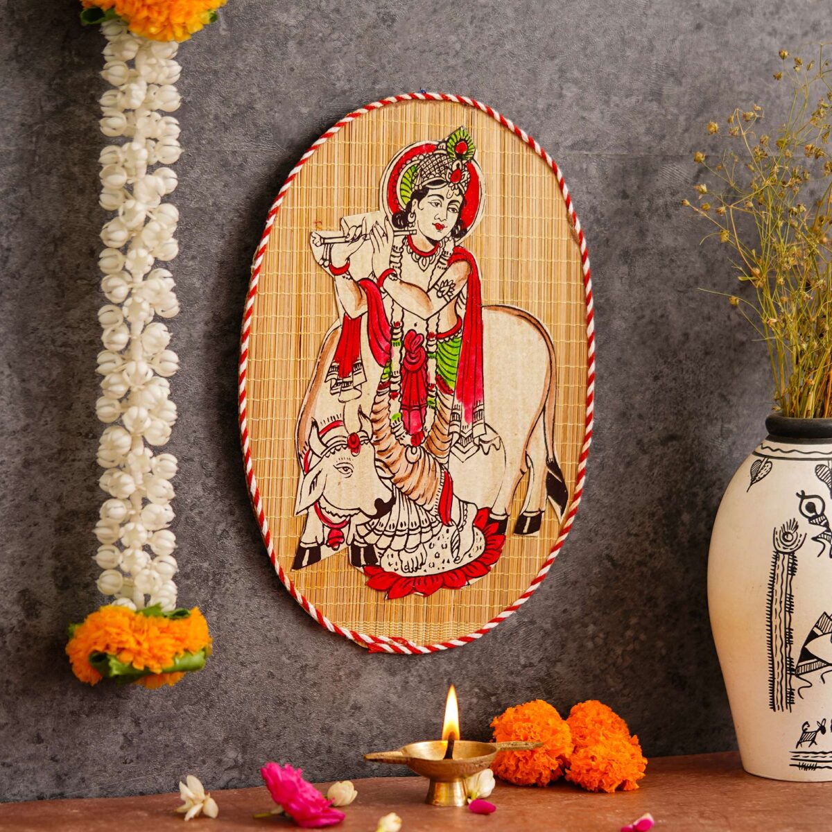 "Oval Shaped Bamboo Wall Hanging of Krishna Ji with Holy Cow for Home Decor"