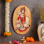 "Oval Shaped Bamboo Wall Hanging of Krishna Ji with Holy Cow for Home Decor"