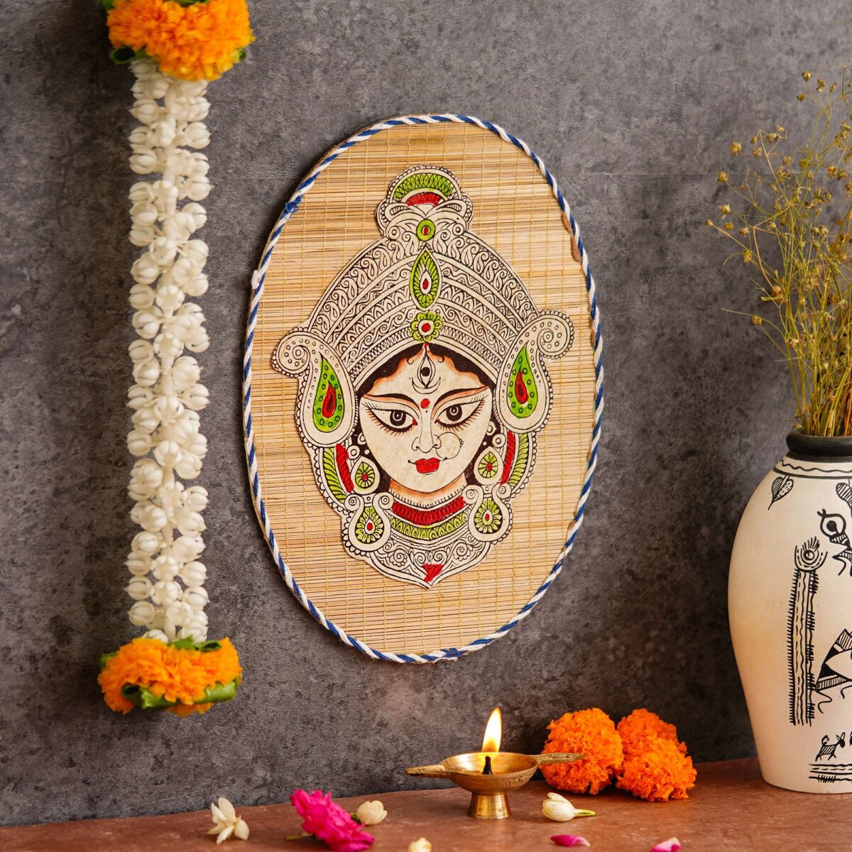 "Oval Shaped Bamboo Wall Hanging of Durga Maa for Home Decor"