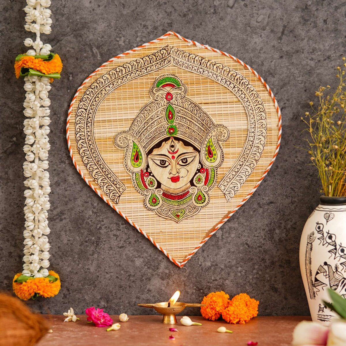"Bamboo Leaf Design Wall Hanging of Durga Ji for Home Decor"