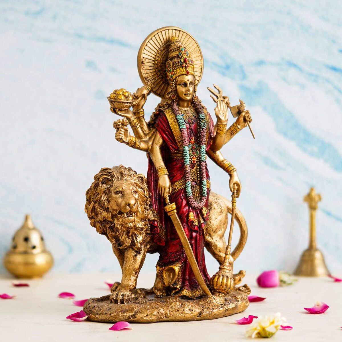 "DivineRadiance Maa Durga Sherawali Idol - Crystal Diamond Studded Metal Showpiece for Pooja & Home Decor"