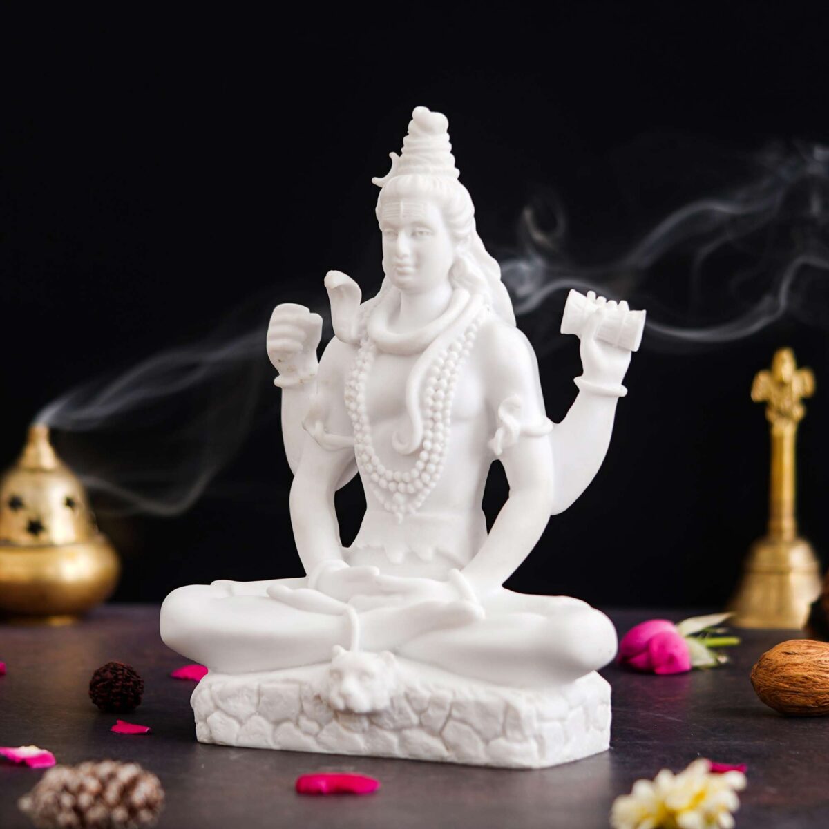 "DivineGrace Marble Dust Lord Shiva Statue - Handcrafted Idol for Pooja, Car Dashboard, and Office Table"