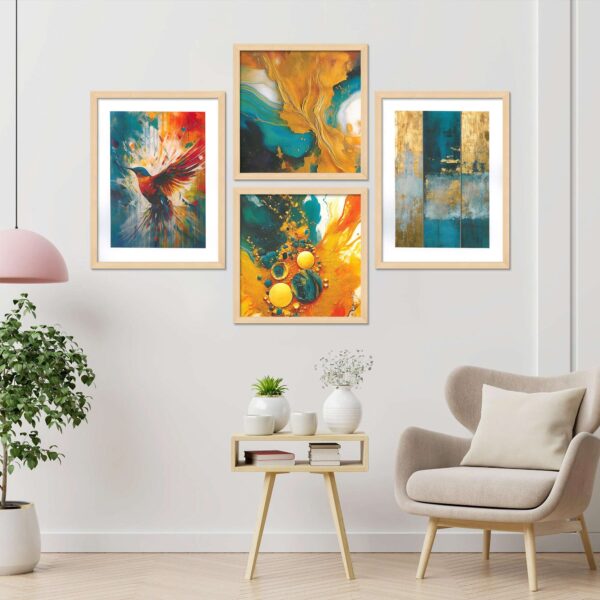 "Set of 4 Digital Wall Paintings with Premium Frames for Home Decor"