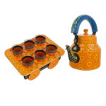 Hand-Painted Aluminium Tea Kettle with 6 Glasses Wooden Tray Home Décor Tea Party Serving Stylish Artisan Set