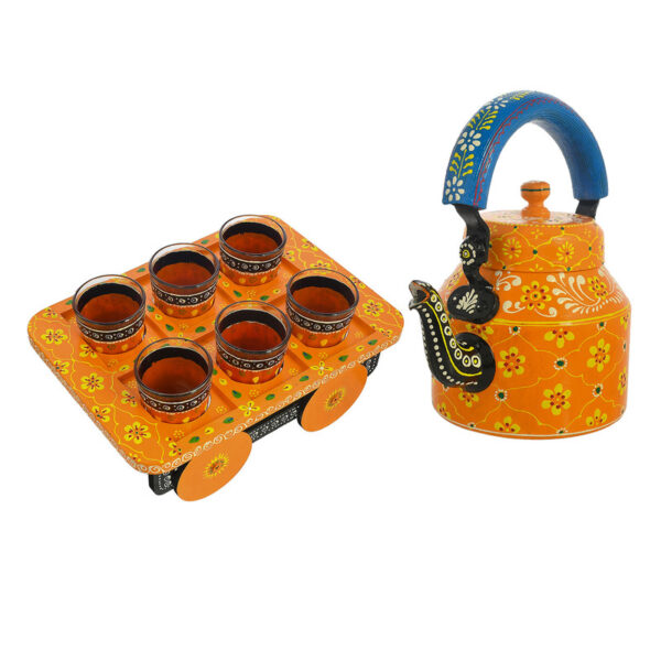 Hand-Painted Aluminium Tea Kettle with 6 Glasses Wooden Tray Home Décor Tea Party Serving Stylish Artisan Set