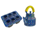 Hand-Painted Aluminium Tea Kettle with 6 Glasses Wooden Tray Home Décor Tea Party Serving Stylish Artisan Set