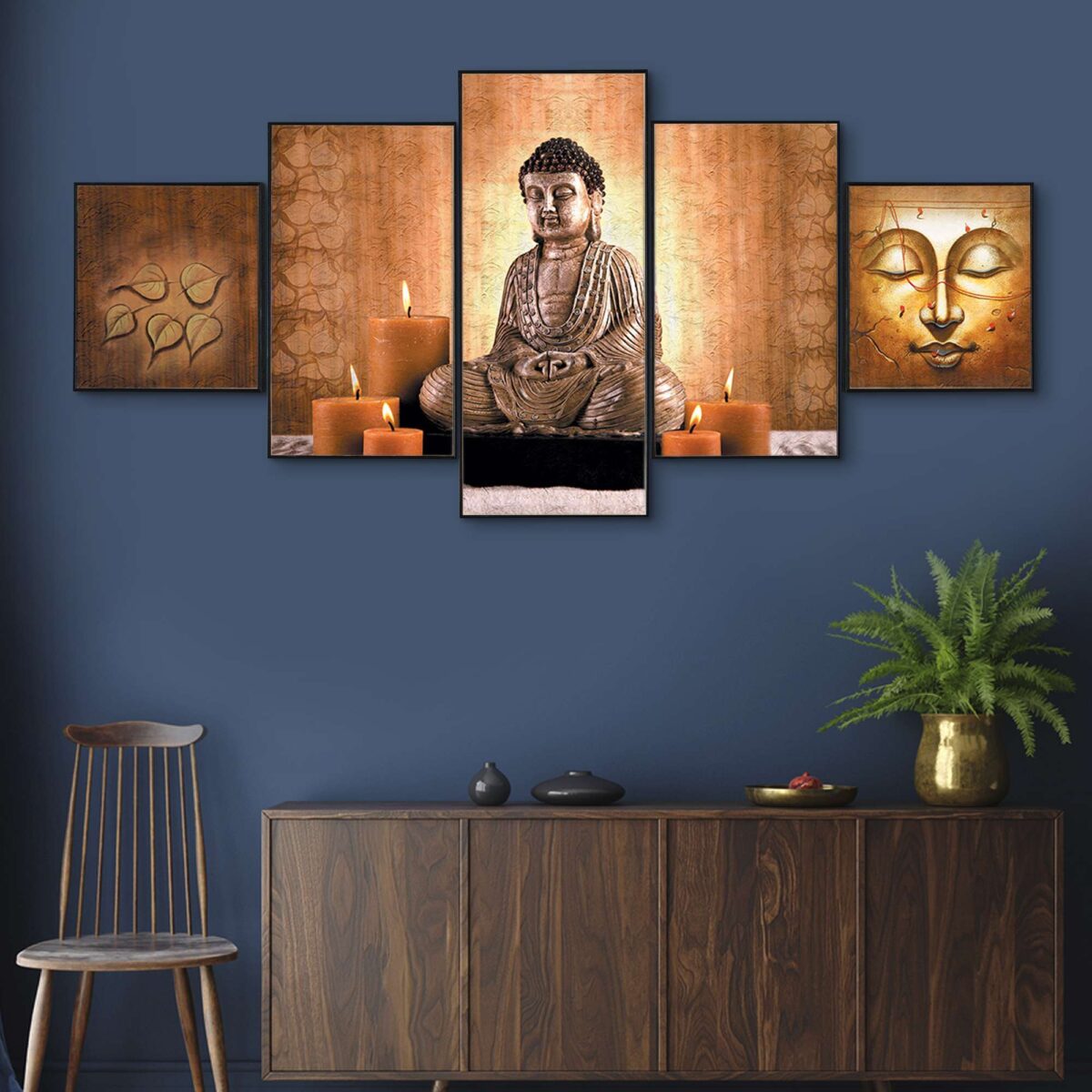 "Divine Lord Buddha Face Set of 5 Framed Digital Wall Paintings with HD Prints for Spiritual Home Decor"