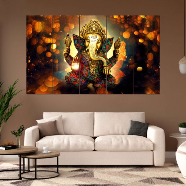"Lord Ganesh Set of 5 Digital Wall Paintings with 3D Frames for Living Room"