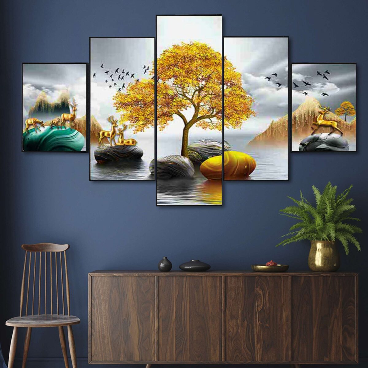 "Elegant Set of 5 Framed Digital Wall Paintings with HD Prints for Modern Home Decor"