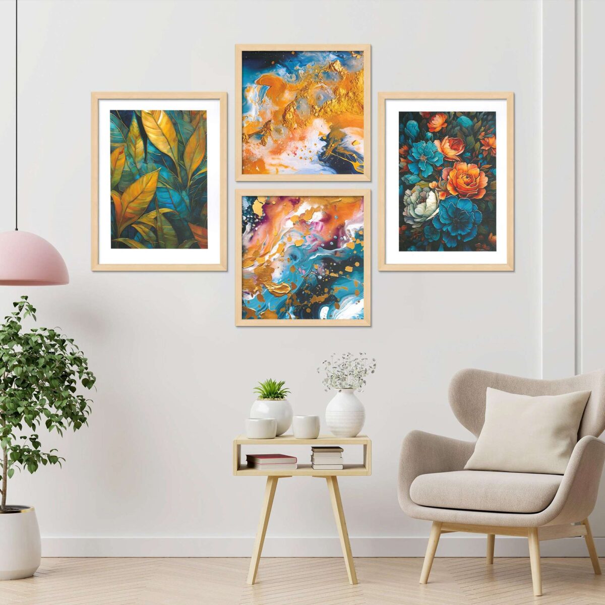"Set of 4 Digital Wall Paintings with Premium Frames for Home Decor"