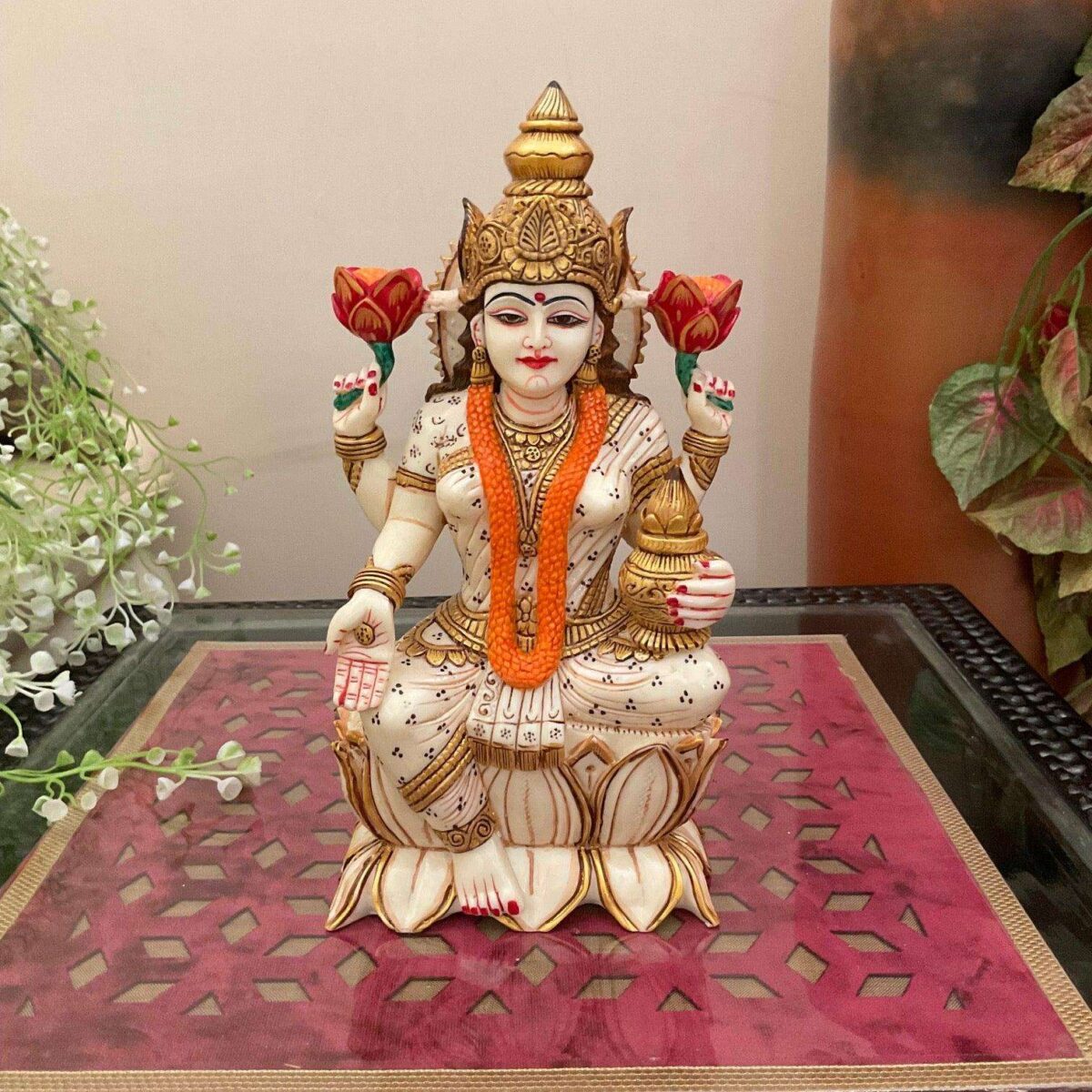 "Divine Mata Laxmi Marble Showpiece with Hand-Carved Details for Home Decor"