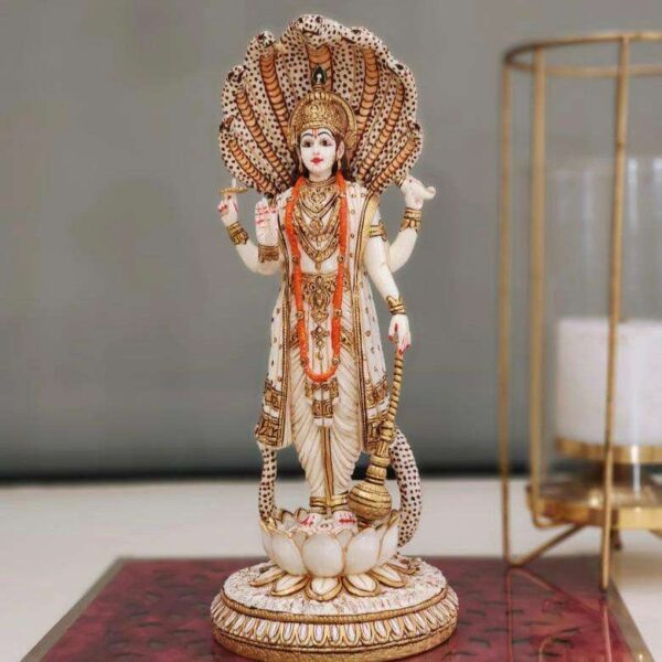 "Majestic Lord Vishnu Marble Showpiece with Hand-Carved Details for Home Decor"