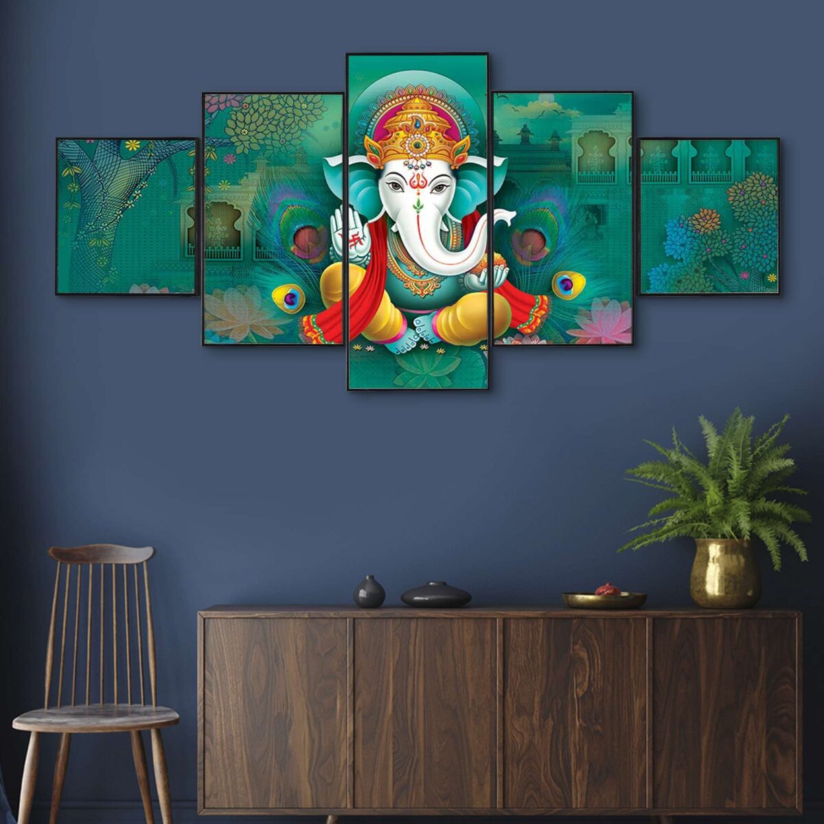 "Blessed Lord Ganesh Sitting Set of 5 Framed Digital Wall Paintings with HD Prints for Spiritual Home Decor"