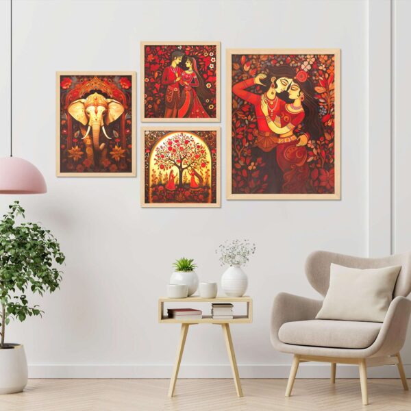 "Set of 4 Digital Wall Paintings with Premium Frames for Home Decor"