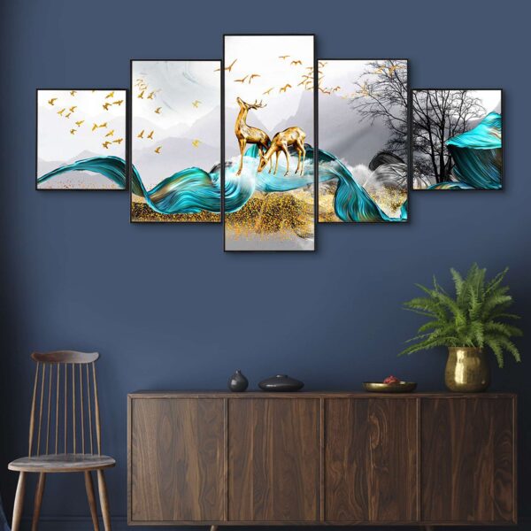 "Opulent Set of 5 Framed Digital Wall Paintings with HD Prints for Modern Home Decor"